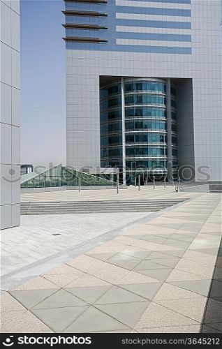 Dubai, UAE, Architectural detail of Emirates Towers plaza on Sheikh Zayed Road