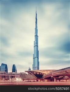 DUBAI, UAE - FEBRUARY 09: Burj Khalifa, world's tallest tower at 828m, located at Downtown, modern new metro station on February 09, 2014 in Dubai, United Arab Emirates