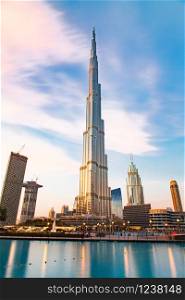 DUBAI, UAE - FEBRUARY 2018: Burj Khalifa, world&rsquo;s tallest tower at night, Downtown Burj Dubai.