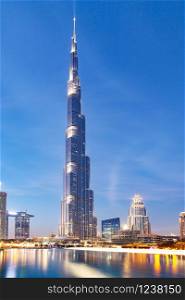DUBAI, UAE - FEBRUARY 2018: Burj Khalifa, world&rsquo;s tallest tower at night, Downtown Burj Dubai.
