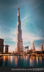 DUBAI, UAE - FEBRUARY 2018  Burj Khalifa, world’s tallest tower at night, Downtown Burj Dubai.
