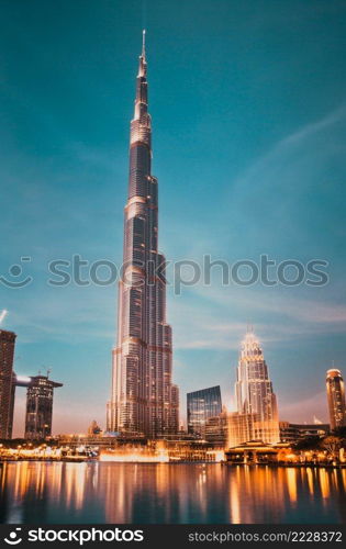 DUBAI, UAE - FEBRUARY 2018  Burj Khalifa, world’s tallest tower at night, Downtown Burj Dubai.