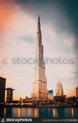 DUBAI, UAE - FEBRUARY 2018  Burj Khalifa, world’s tallest tower at sunset, Downtown Burj Dubai.