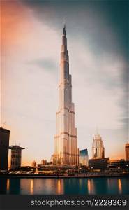 DUBAI, UAE - FEBRUARY 2018  Burj Khalifa, world’s tallest tower at sunset, Downtown Burj Dubai.