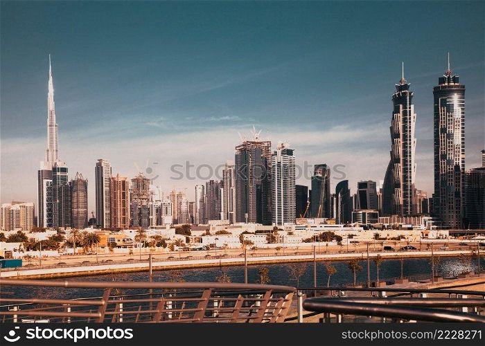 Dubai, UAE - FEBRUARY 2018  Dubai Downtown skyscrapers as viewed from the Dubai water canal.