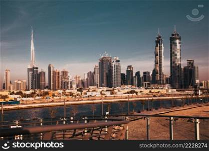Dubai, UAE - FEBRUARY 2018  Dubai Downtown skyscrapers as viewed from the Dubai water canal.