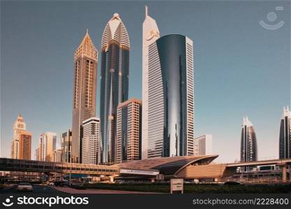 DUBAI, UAE - FEBRUARY 2018: Skyscrapers in Dubai Downtown, the fastest growing city in the world