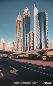 DUBAI, UAE - FEBRUARY 2018  Skyscrapers  in Dubai Downtown, the fastest growing city in the world