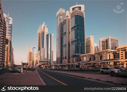 DUBAI, UAE - FEBRUARY 2018  Skyscrapers  in Dubai Downtown, the fastest growing city in the world