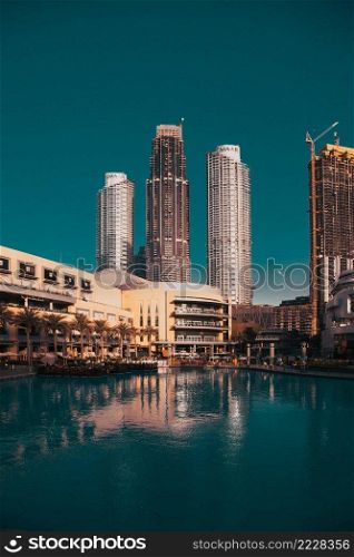 DUBAI, UAE - FEBRUARY 2018  Skyscrapers skyline of Old Town Island around the Burj Khalifa Lake near the Dubai Mall in Dubai Downtown