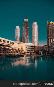 DUBAI, UAE - FEBRUARY 2018  Skyscrapers skyline of Old Town Island around the Burj Khalifa Lake near the Dubai Mall in Dubai Downtown