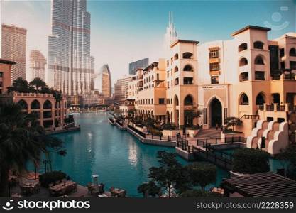 DUBAI, UAE - FEBRUARY 2018  Souk al Bahar hotel and shopping mall in Dubai, Burj Khalifa lake, UAE