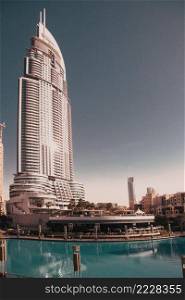 DUBAI, UAE - FEBRUARY 2018  The Address Hotel in the downtown Dubai area overlooks the famous dancing fountains