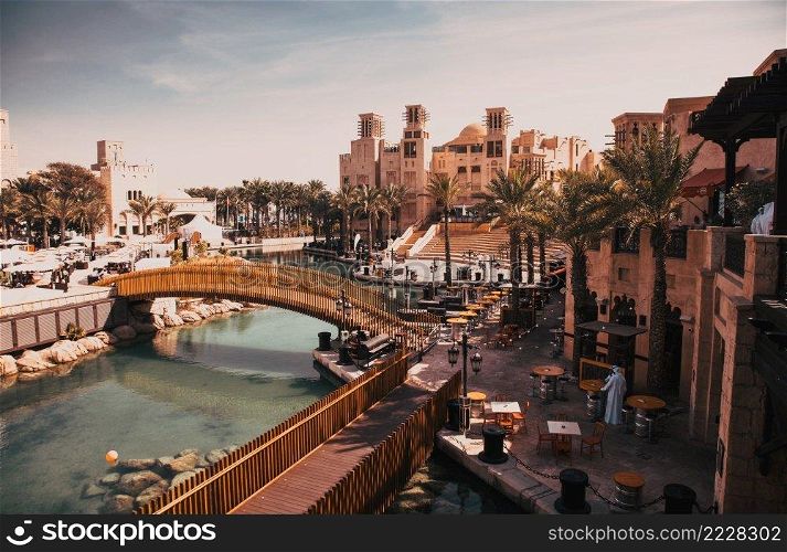 DUBAI, UAE - FEBRUARY 2018  View of the Souk Madinat Jumeirah. Madinat Jumeirah encompasses two hotels and clusters of 29 traditional Arabic houses