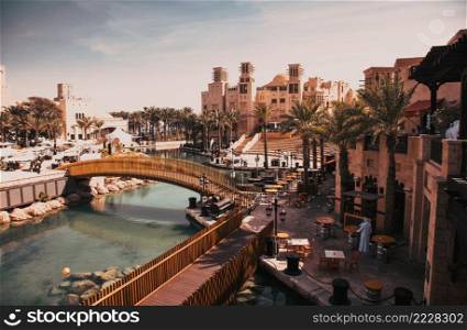 DUBAI, UAE - FEBRUARY 2018  View of the Souk Madinat Jumeirah. Madinat Jumeirah encompasses two hotels and clusters of 29 traditional Arabic houses