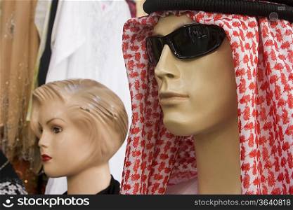 Dubai, UAE, mannequin display of traditional men s headdress, gutra, at shop in Bur Dubai
