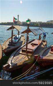 DUBAI, UAE-NOVEMBER 18, 2012: Traditional Abra ferries at the creek