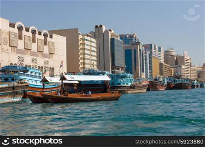 DUBAI, UAE-NOVEMBER 18, 2012: Traditional Abra ferries at the creek