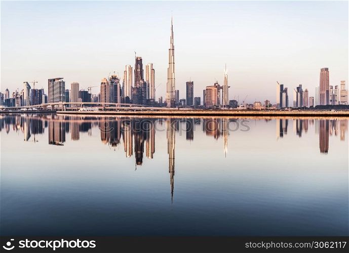 Dubai, United Arab Emirates. January 19th, 2018. clear weather on Dubai at sunrise United Arab Emirates. Clear Sky above Dubai Skyscrapers, UAE