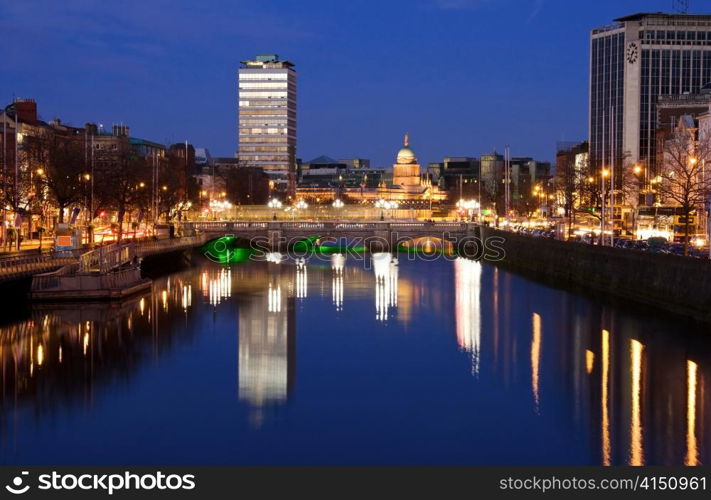 Dublin city at sunset with view over O?Connell Bridge