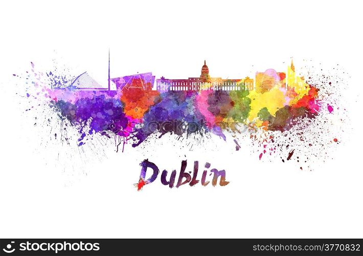 Dublin skyline in watercolor splatters with clipping path. Dublin skyline in watercolor