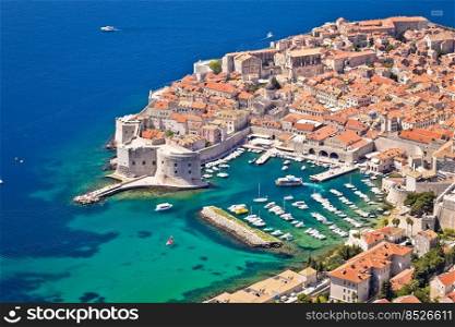 Dubrovnik. Aerial view of Dubrovnik historic harbor and defense walls, famous tourist destination in Dalmatia archipelago of Croatia