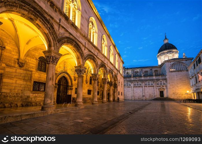 Dubrovnik Cathedral and Palace at night in the center of old town in Dubrovnik, Croatia. Dubrovnik old town, listed as UNESCO World Heritage Site, is the most prominent travel destination of Croatia.