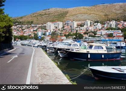 Dubrovnik cityscape with harbor in the foreground in Croatia, Dalmatia County