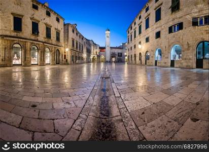 DUBROVNIK, CROATIA - JULY 1, 2014: Panorama of Stradun Street and Luza Square in Dubrovnik. In 1979, the city of Dubrovnik joined the UNESCO list of World Heritage Sites.