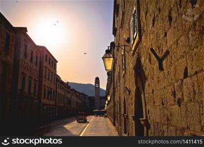 Dubrovnik. Famous Stradun street in Dubrovnik golden sunset view, Dalmatia region of Croatia