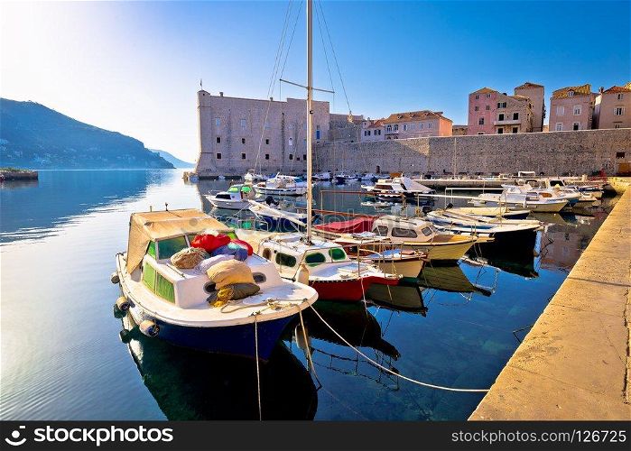 Dubrovnik harbor and city walls morning view, Dalmatia region of Croatia