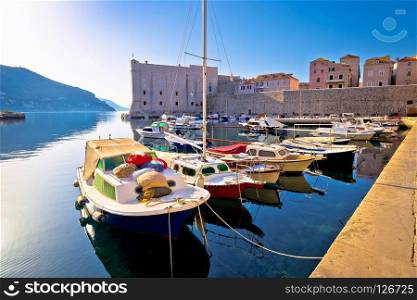 Dubrovnik harbor and city walls morning view, Dalmatia region of Croatia