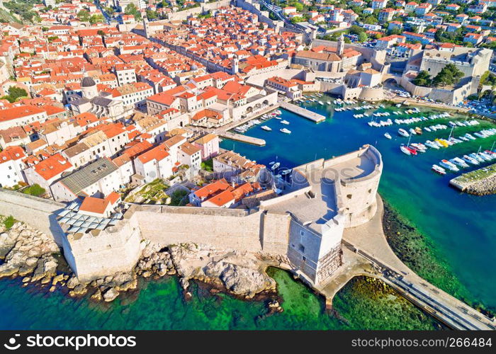 Dubrovnik historic town and harbor aerial view, tourist destination in Dalmatia, Croatia