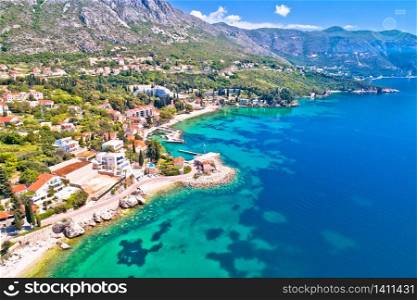 Dubrovnik region waterfront in Mlini and Srebreno aerial view, coastline of Dalmatia region, Croatia