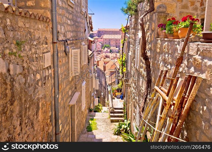 Dubrovnik steep narrow street view, Dalmatia region of Croatia