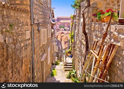 Dubrovnik steep narrow street view, Dalmatia region of Croatia