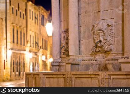 Dubrovnik Stradun street Onofrio Fountain detail evening view, Dalmatia region of Croatia