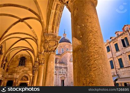 Dubrovnik street historic architecture and arches view, the Assumption Cathedral, Dalmatia region of Croatia