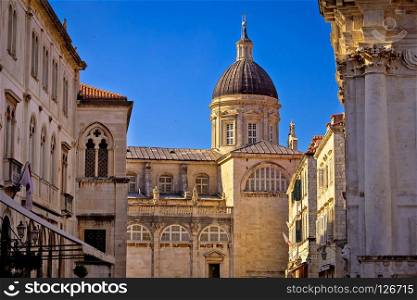Dubrovnik street historic architecture view, the Assumption Cathedral, Dalmatia region of Croatia