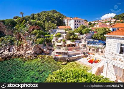 Dubrovnik turquoise beach below the cliffs view, Dalmatia region of Croatia
