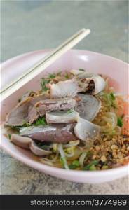 duck noodle with vegetable in bowl , Chinese style food