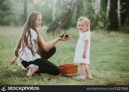 duckling in the hands of a woman. mom shows her daughter a little duckling. Mother shows children little ducklings in wicker basket. duckling in the hands of a woman. mom shows her daughter a little duckling in the park