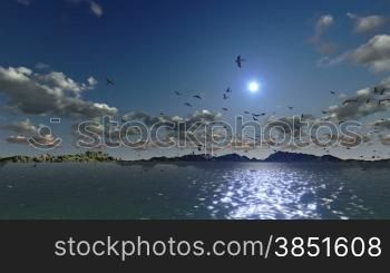 Ducks flying, timelapse sunset with sea and mountain ridge