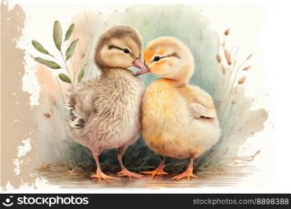Ducks in love. Cute lovers close together. Generative AI 