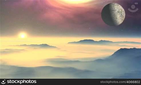 Due to foggy horizon bright sun rises. The starry sky color nebula slowly setting moon. Beneath the hills and valleys covered with thick luminous mist. Slowly floating low clouds.