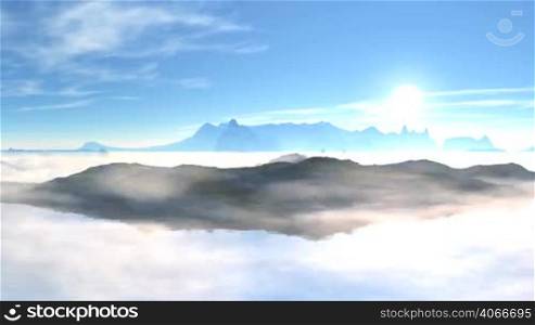 Due to the islands on the horizon quickly rises bright white sun. On the blue sky floating white clouds. Horizon shrouded in white mist. Bright blue background and plenty of light. View from above.