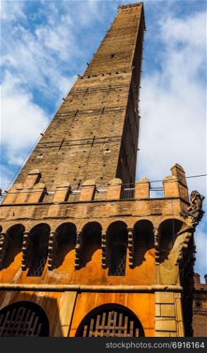 Due torri (Two towers) in Bologna (hdr). Torre Garisenda and Torre Degli Asinelli leaning towers aka Due Torri (meaning Two towers) in Bologna, Italy (vibrant high dynamic range)