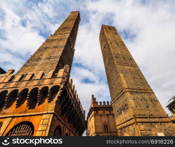 Due torri (Two towers) in Bologna (hdr). Torre Garisenda and Torre Degli Asinelli leaning towers aka Due Torri (meaning Two towers) in Bologna, Italy (vibrant high dynamic range)