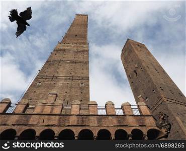 Due torri (Two towers) in Bologna. Torre Garisenda and Torre Degli Asinelli leaning towers aka Due Torri (meaning Two towers) in Bologna, Italy