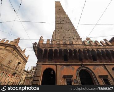 Due torri (Two towers) in Bologna. Torre Garisenda and Torre Degli Asinelli leaning towers aka Due Torri (meaning Two towers) in Bologna, Italy